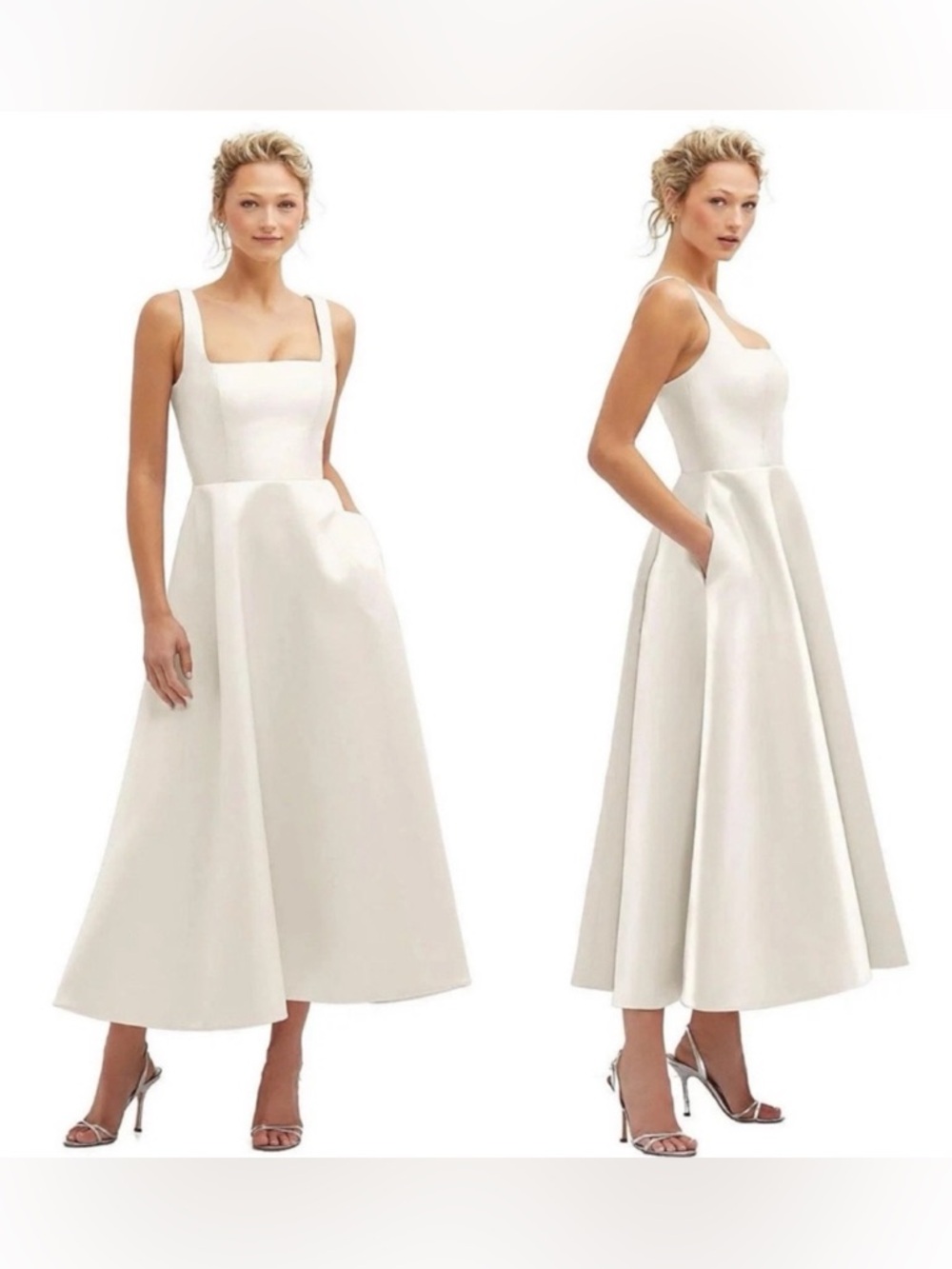 Dessy Collection Square Neck Sateen Midi Gown Ivory Size 16 Pockets Wedding